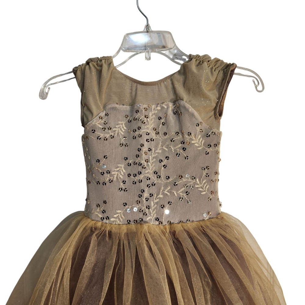 Weissman Kids IC 7-8 Mauve Gold Sequin Floral Tulle Dance Costume Leotard 12413